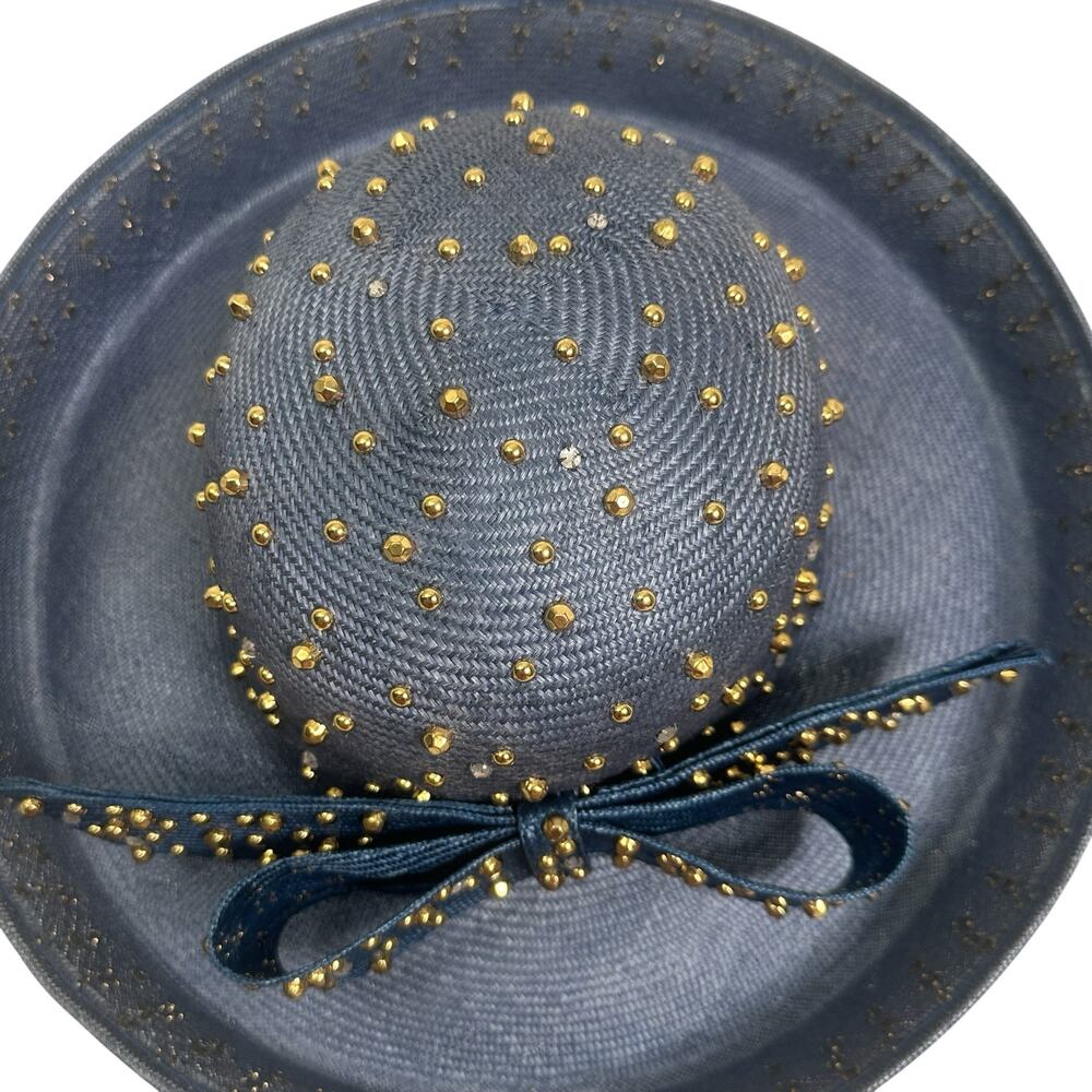Vintage Jack McConell Boutique Blue Studded Straw Sun Church Derby HAt - Picture 3 of 10